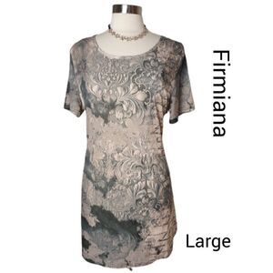 Women's Tunic Short Sleeve Sculptured Art Text Print Nature Tone Top L NWOT